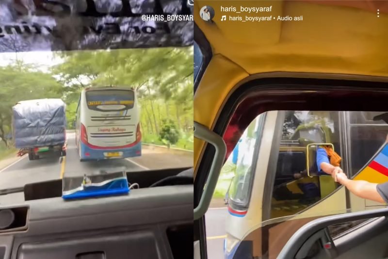 Tangkapan layar video viral sopir truk beri tip kepada sopir bus (Sc instagram: @haris_boysyaraf)