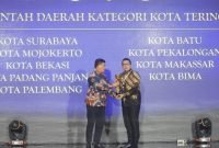 Penjabat (Pj) Wali Kota Mojokerto, Moh Ali Kuncoro (kanan) dalam acara penganugerahan IGA 2024 di Kota Surabaya, Kamis (5/12/2024).