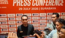 CEO Games of Society, Novel Leonardo, dalam konferensi pers pembukaan rangkaian kompetisi wondr Futsal Series 2026 di Surabaya, Rabu (29/7/2026). (Angga P/JI)