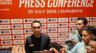 CEO Games of Society, Novel Leonardo, dalam konferensi pers pembukaan rangkaian kompetisi wondr Futsal Series 2026 di Surabaya, Rabu (29/7/2026). (Angga P/JI)